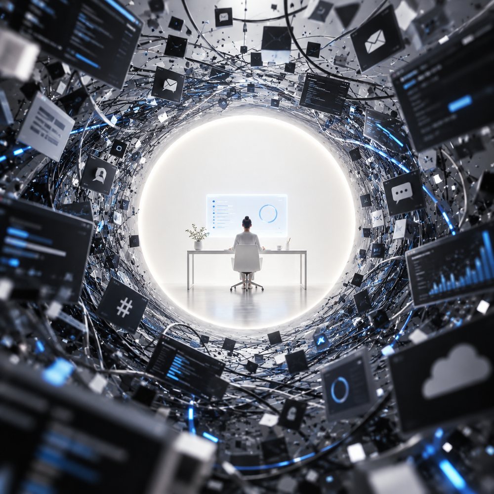 A person working calmly at a desk inside a bright circle, at the center of a tunnel of tangled cables, notifications and dashboards